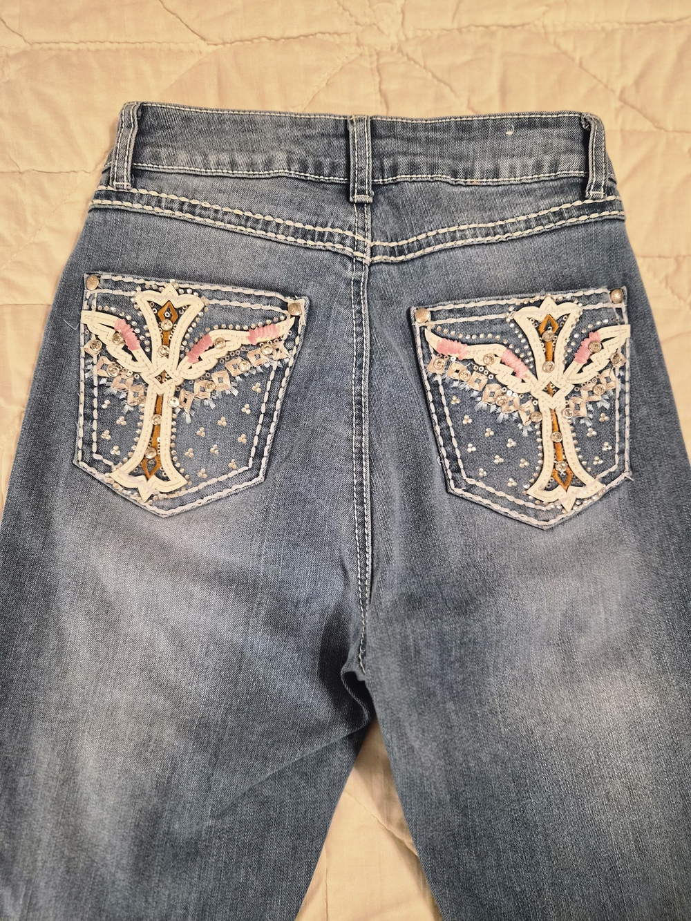 H&Y Fashion Bootcut-Distressed -Embroidery/Leather Accents- Size 3/4